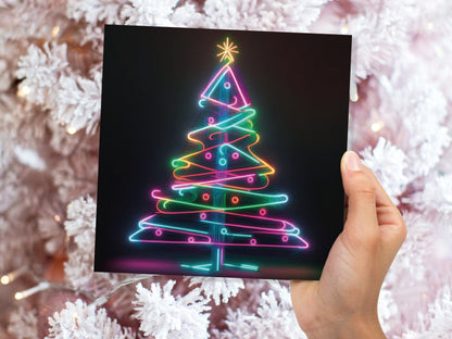 Neon Christmas Tree Card Glowing Lights Tube Lighting Y2K Bright Colours Colourful Rainbow Unique Modern Cards For Family Friends Xmas 2023