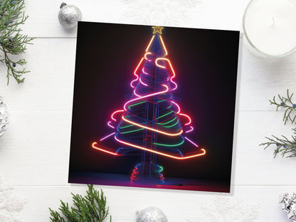 Neon Christmas Card Tree 80s Glowing Lights Tube Lighting Y2K Bright Colours Colourful Unusual Fun Modern Cards For Family Friends Xmas 2023