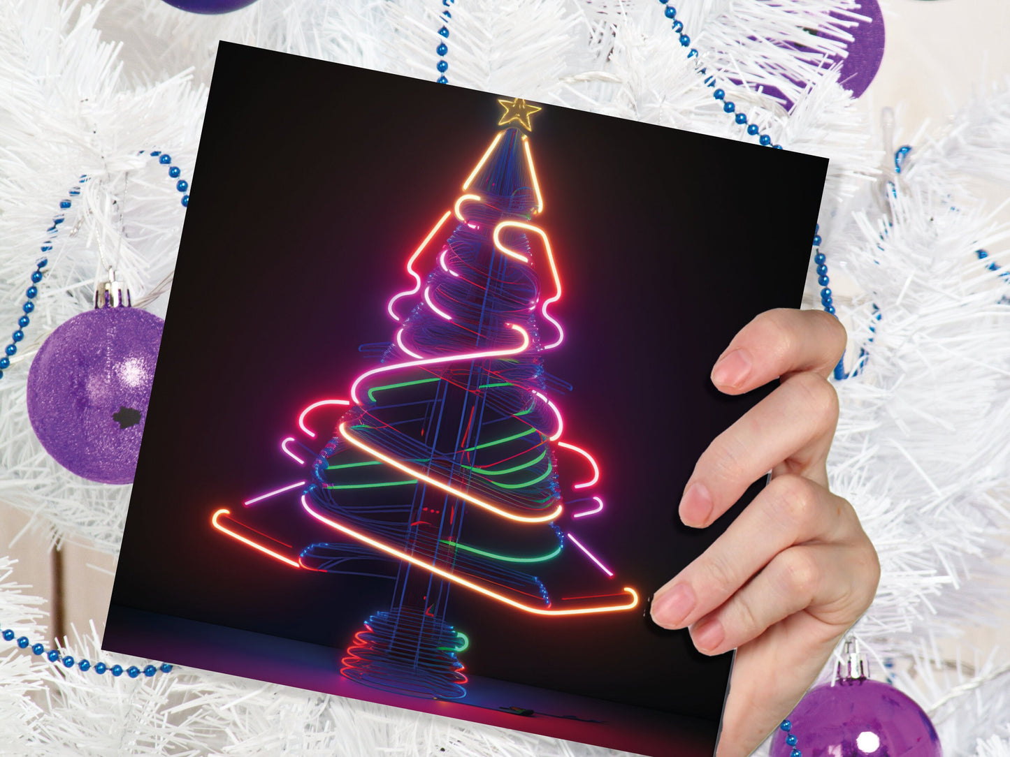 Neon Christmas Card Tree 80s Glowing Lights Tube Lighting Y2K Bright Colours Colourful Unusual Fun Modern Cards For Family Friends Xmas 2023