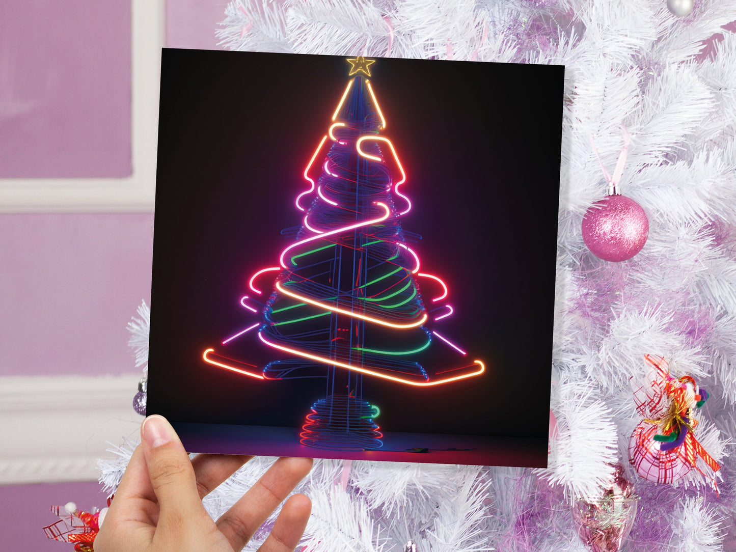 Neon Christmas Card Tree 80s Glowing Lights Tube Lighting Y2K Bright Colours Colourful Unusual Fun Modern Cards For Family Friends Xmas 2023