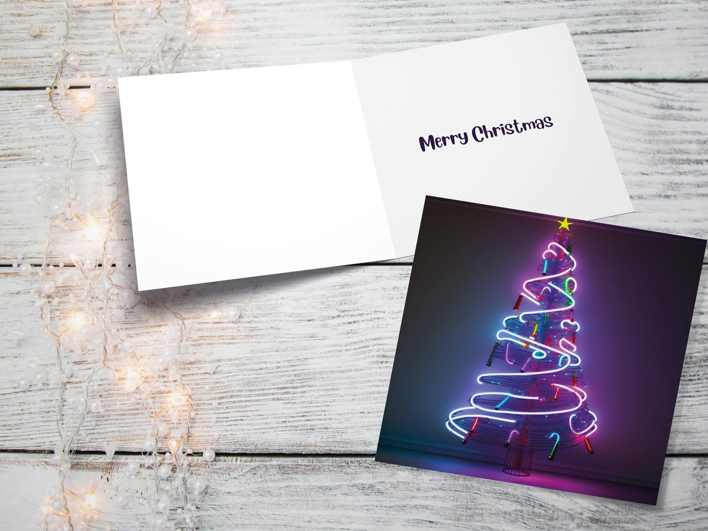 Neon Christmas Card Tree 80s Glowing Lights Tube Lighting Y2K Bright Colours Colourful Pink Purple Modern Cards For Family Friends Xmas 2023