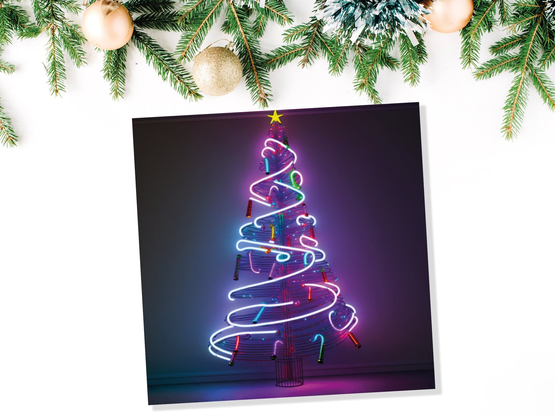 Neon Christmas Card Tree 80s Glowing Lights Tube Lighting Y2K Bright Colours Colourful Pink Purple Modern Cards For Family Friends Xmas 2023