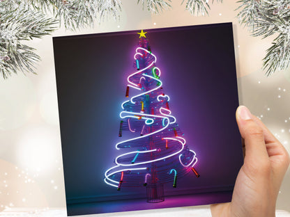 Neon Christmas Card Tree 80s Glowing Lights Tube Lighting Y2K Bright Colours Colourful Pink Purple Modern Cards For Family Friends Xmas 2023