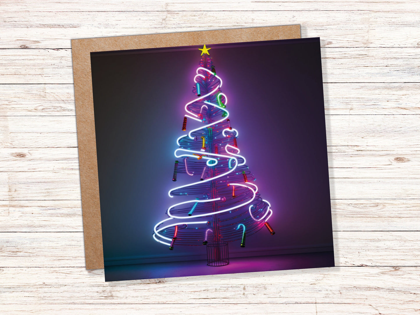 Neon Christmas Card Tree 80s Glowing Lights Tube Lighting Y2K Bright Colours Colourful Pink Purple Modern Cards For Family Friends Xmas 2023