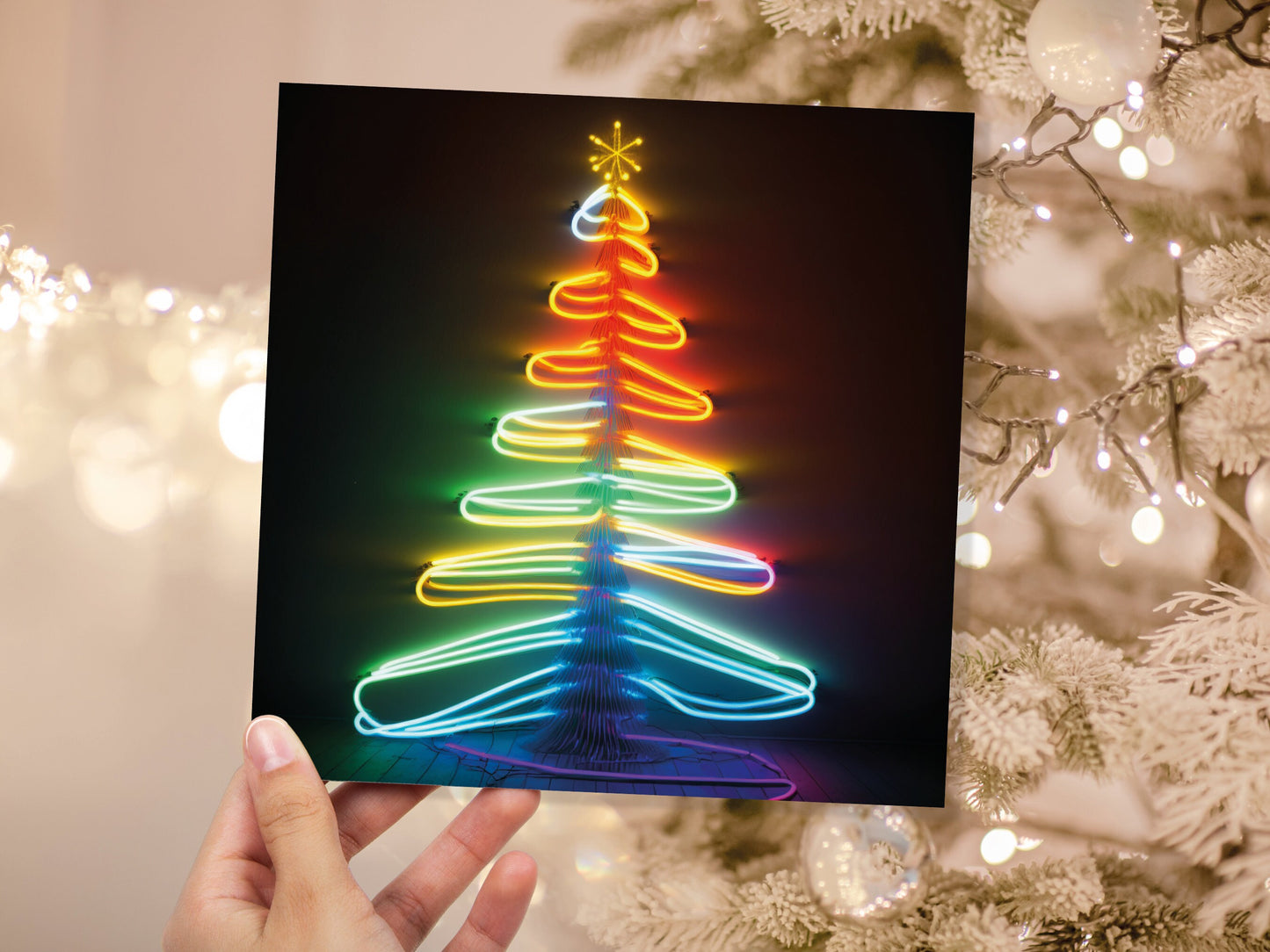 Neon Christmas Card Glowing Tree Lights Tube Lighting Y2K 80s Bright Colours Colourful Colours Unique Fun Cards For Family Friends Xmas 2023