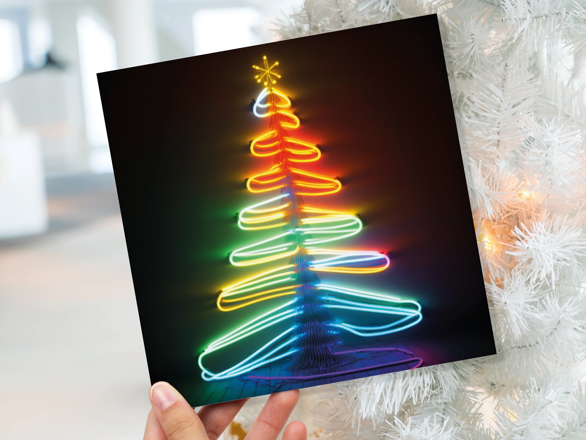 Neon Christmas Card Glowing Tree Lights Tube Lighting Y2K 80s Bright Colours Colourful Colours Unique Fun Cards For Family Friends Xmas 2023