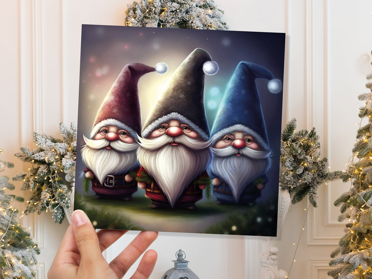 Gnomes Card Cute Little Dwarves with Festive Hats and Beards Festive Glowing Magical Gnome Elf Cards For Family Friends Birthdays Thank You