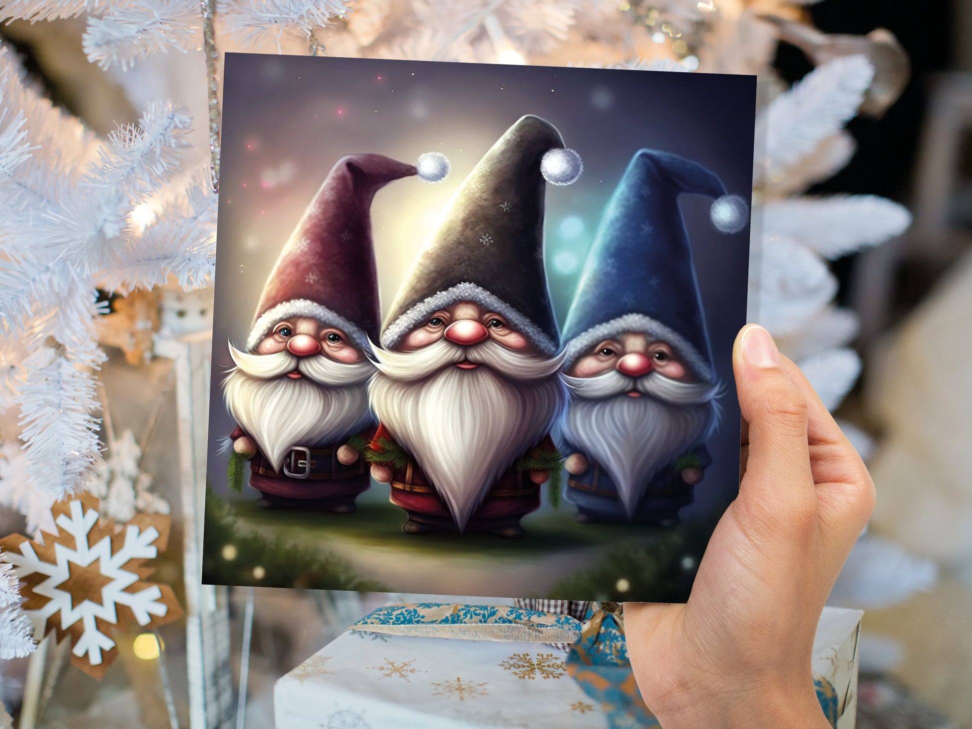 Gnomes Card Cute Little Dwarves with Festive Hats and Beards Festive Glowing Magical Gnome Elf Cards For Family Friends Birthdays Thank You