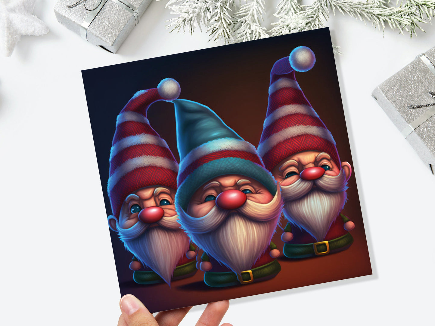 Funny Gnomes Christmas Card Cute Little Grumpy Dwarves Festive Hats and White Beards Magical Gnome Elf Cards For Family Friends Xmas 2023