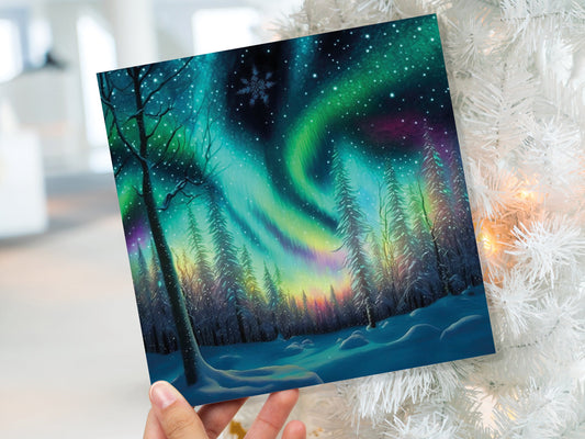 Northern Lights Cards Beautiful Winter Snow Scene Snowy Scenery Green Aurora Borealis Magical Card Family Friends Birthdays Thank You Thanks