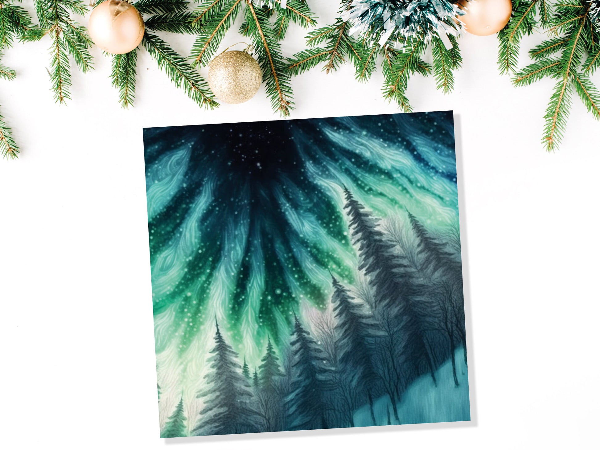 Northern Lights Card Winter Woods Snow Scene Snowy Scenery Green Blue Aurora Borealis Flames Cards For Family Friends Birthdays Thank you