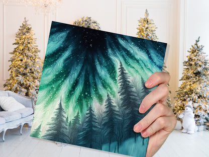 Northern Lights Card Winter Woods Snow Scene Snowy Scenery Green Blue Aurora Borealis Flames Cards For Family Friends Birthdays Thank you