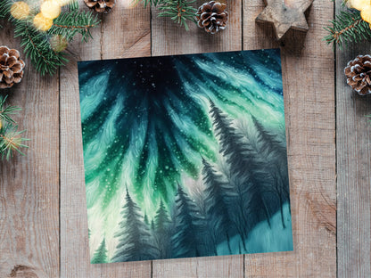 Northern Lights Card Winter Woods Snow Scene Snowy Scenery Green Blue Aurora Borealis Flames Cards For Family Friends Birthdays Thank you