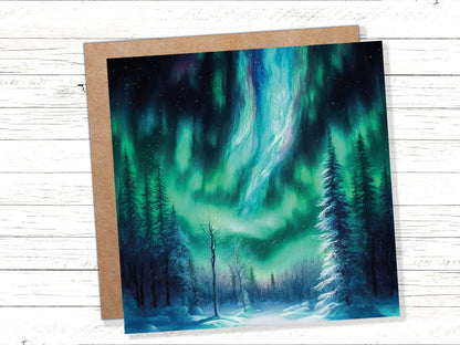 Aurora Borealis Card Winter Night Snow Scene Snowy Scenery Green Blue Northern Lights Fir Trees Cards For Family Friends Birthdays Thank You