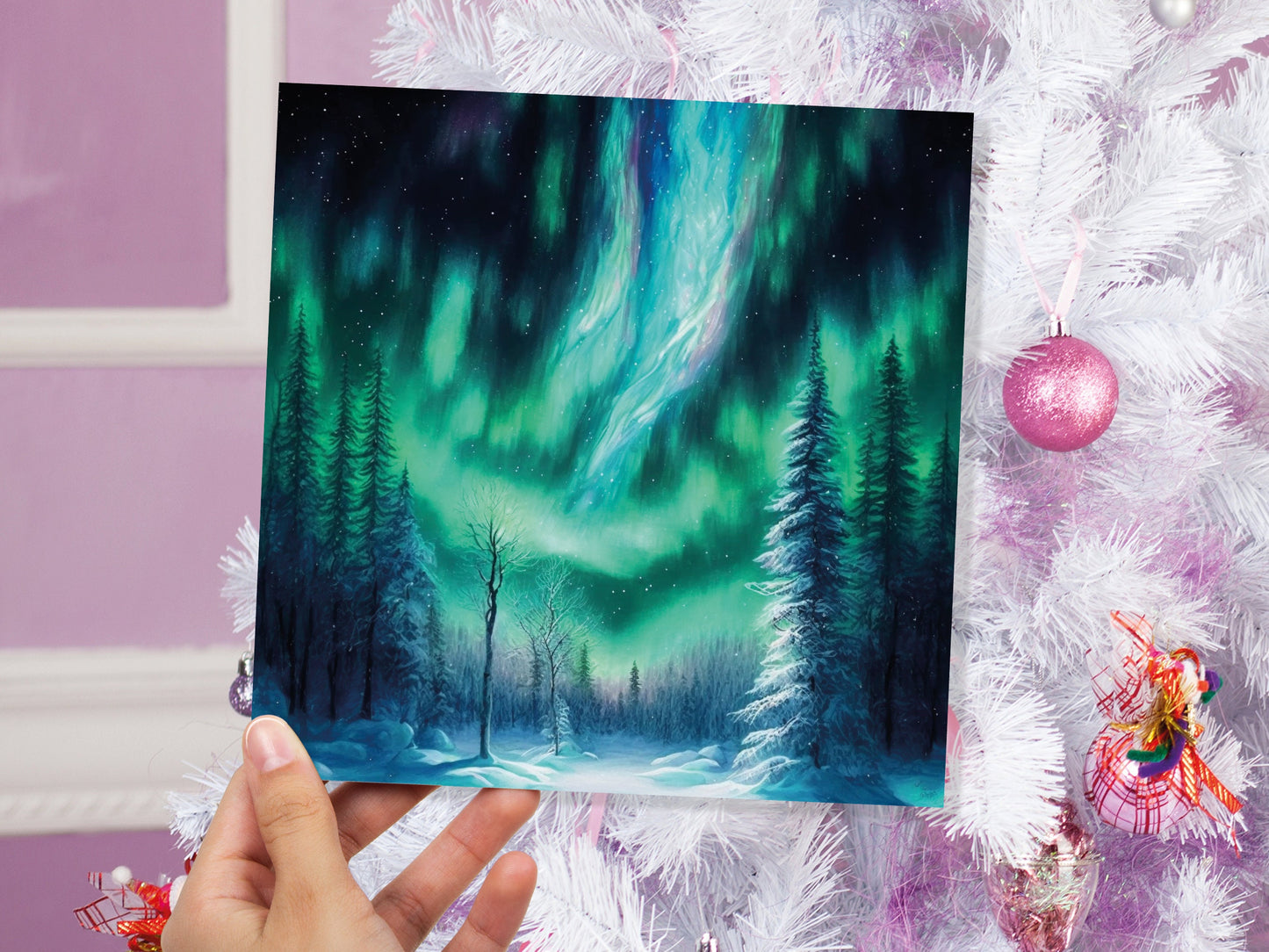 Aurora Borealis Card Winter Night Snow Scene Snowy Scenery Green Blue Northern Lights Fir Trees Cards For Family Friends Birthdays Thank You