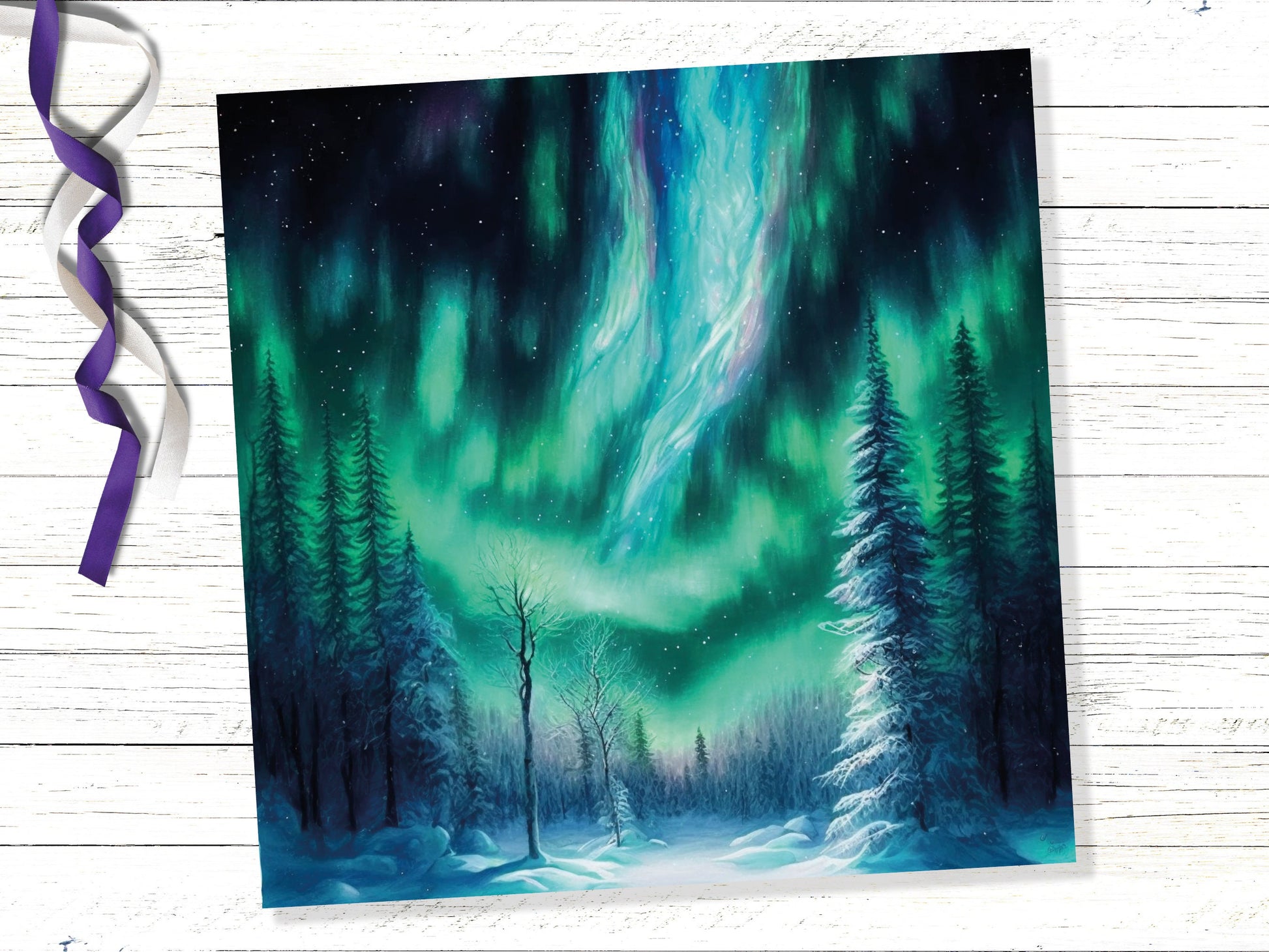 Aurora Borealis Card Winter Night Snow Scene Snowy Scenery Green Blue Northern Lights Fir Trees Cards For Family Friends Birthdays Thank You