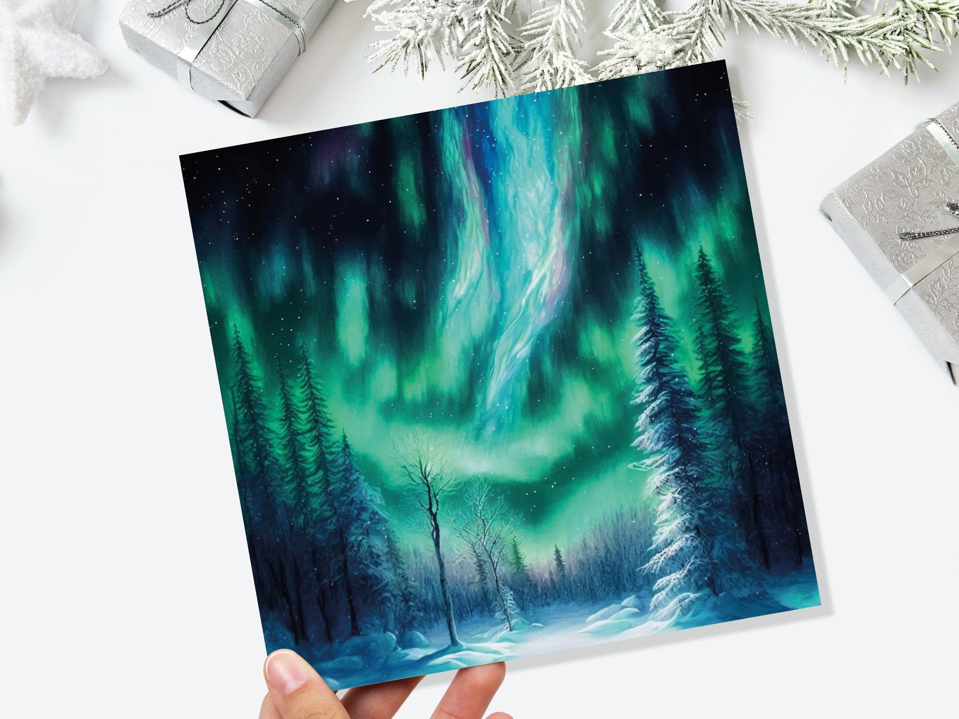 Aurora Borealis Card Winter Night Snow Scene Snowy Scenery Green Blue Northern Lights Fir Trees Cards For Family Friends Birthdays Thank You