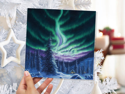 Winter Night Card Northern Lights Cabin Forest Snow Scene Green Blue Purple Aurora Borealis Cards For Family Friends Birthday Thank You Love