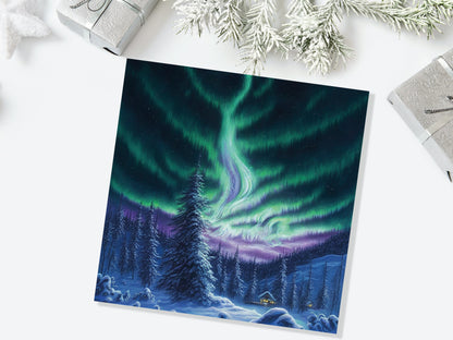 Winter Night Card Northern Lights Cabin Forest Snow Scene Green Blue Purple Aurora Borealis Cards For Family Friends Birthday Thank You Love