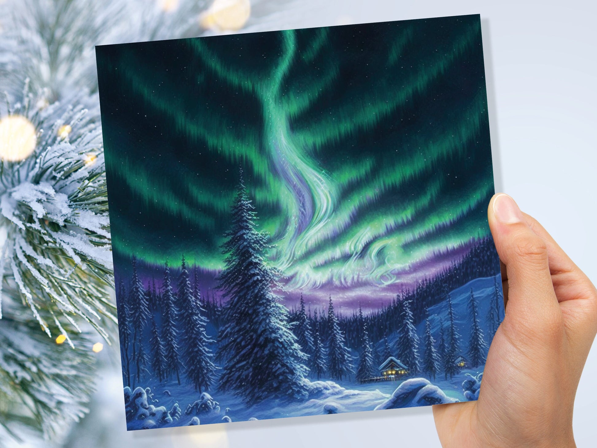 Winter Night Card Northern Lights Cabin Forest Snow Scene Green Blue Purple Aurora Borealis Cards For Family Friends Birthday Thank You Love