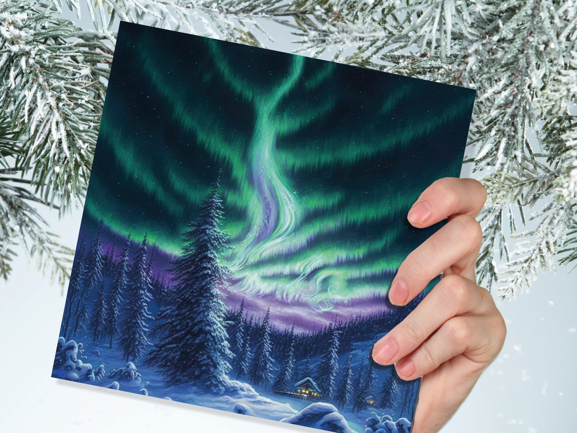 Winter Night Card Northern Lights Cabin Forest Snow Scene Green Blue Purple Aurora Borealis Cards For Family Friends Birthday Thank You Love