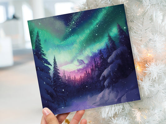 Northern Lights Cards Forest Snow Scene Stars Snowy Woodland Green Pink Purple Aurora Borealis Cards For Birthdays Thank You Greetings