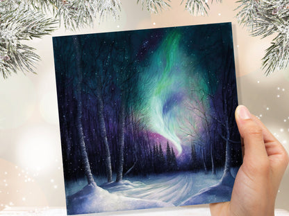 Enchanted Polar Lights Thank You Card Forest Snow Scene Green Purple Aurora Borealis Northern Light Swirl For Family Friends Birthdays Card