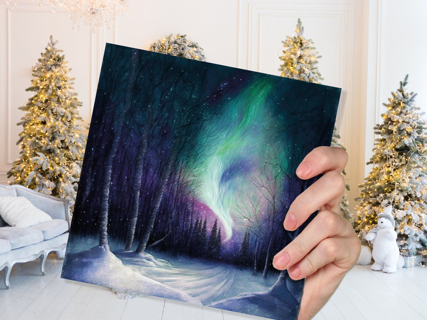 Enchanted Polar Lights Thank You Card Forest Snow Scene Green Purple Aurora Borealis Northern Light Swirl For Family Friends Birthdays Card