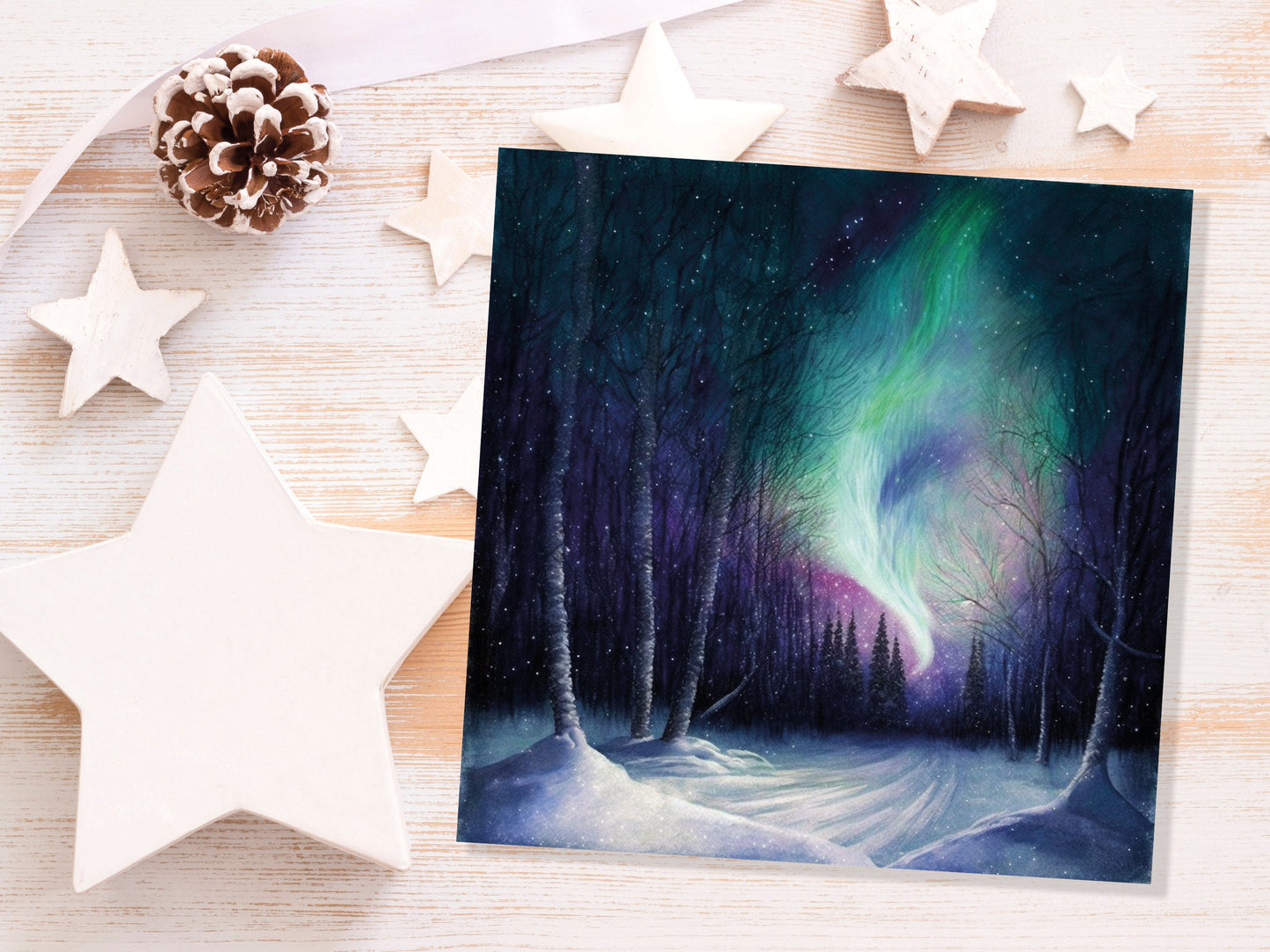 Enchanted Polar Lights Thank You Card Forest Snow Scene Green Purple Aurora Borealis Northern Light Swirl For Family Friends Birthdays Card