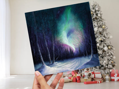 Enchanted Polar Lights Thank You Card Forest Snow Scene Green Purple Aurora Borealis Northern Light Swirl For Family Friends Birthdays Card