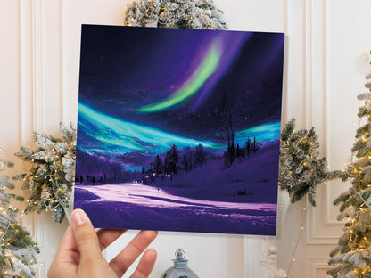 Northern Lights Painting Card Snow Scene Green Purple Aurora Borealis Polar Sky Winter Night Cards For Family Friends Birthdays Thank You