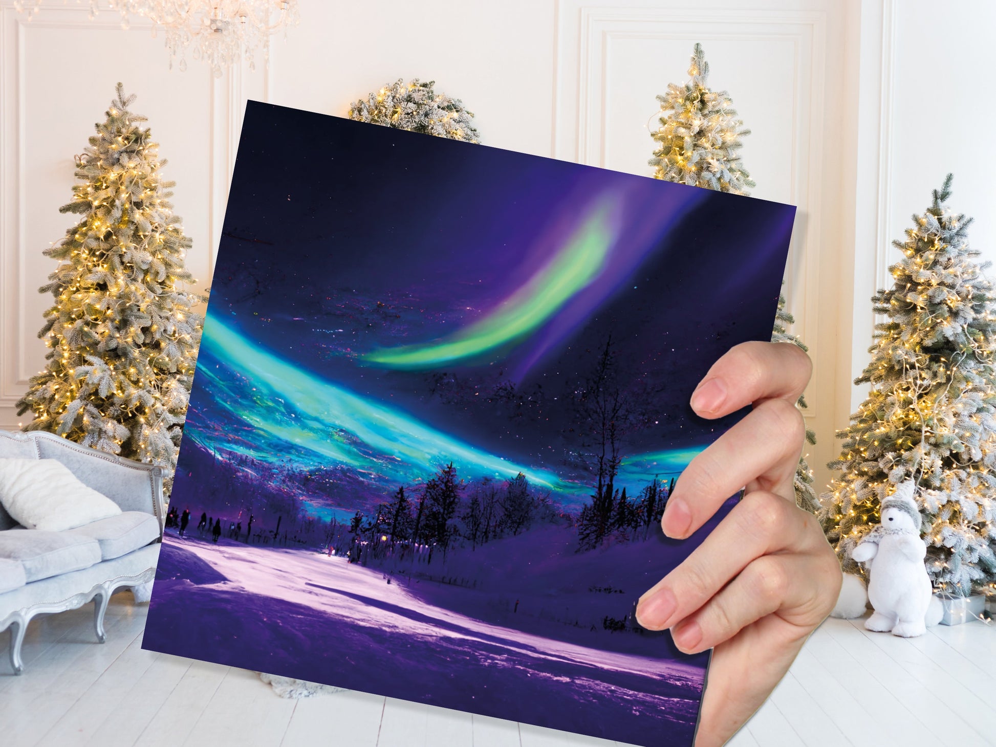 Northern Lights Painting Card Snow Scene Green Purple Aurora Borealis Polar Sky Winter Night Cards For Family Friends Birthdays Thank You