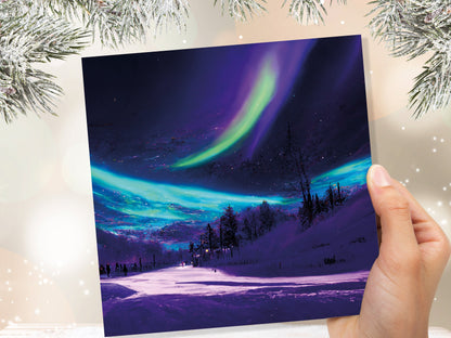 Northern Lights Painting Card Snow Scene Green Purple Aurora Borealis Polar Sky Winter Night Cards For Family Friends Birthdays Thank You