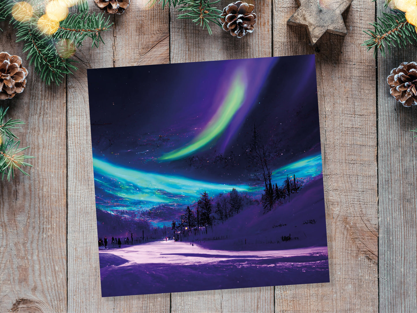 Northern Lights Painting Card Snow Scene Green Purple Aurora Borealis Polar Sky Winter Night Cards For Family Friends Birthdays Thank You