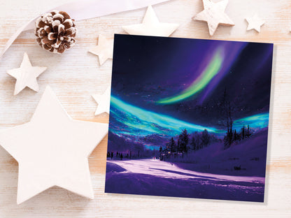 Northern Lights Painting Card Snow Scene Green Purple Aurora Borealis Polar Sky Winter Night Cards For Family Friends Birthdays Thank You