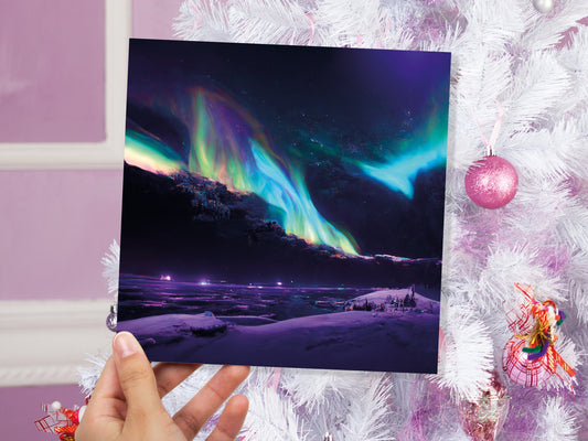 Magical Northern Lights Greeting Cards Aurora Borealis Rainbow Card Glowing Landscape Snowy Scenery Lake Water For Family Friends and Lovers