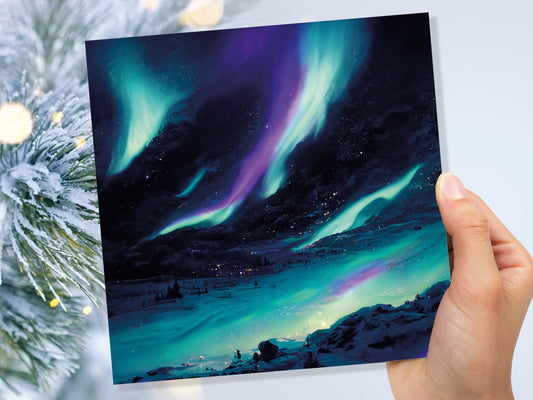 Polar Lights Card Aurora Borealis Glowing Ski Slopes Snowy Scenery Glittering Snow Northern Sky Cards For Family Friends Birthdays Thank You