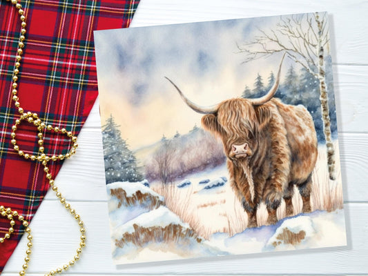 Highland Cow Cards Watercolour Winter Snow Scene Scottish Highlands Scenery Landscape Painting Cards Birthday Greetings Thank you Leaving