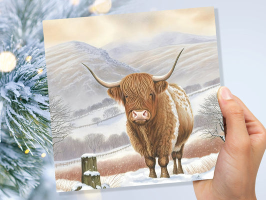 Watercolour Highland Cow Cards Scottish Highlands Winter Snow Scene Mountains Hills Painting Card For Family Friend Birthday Thank You Notes