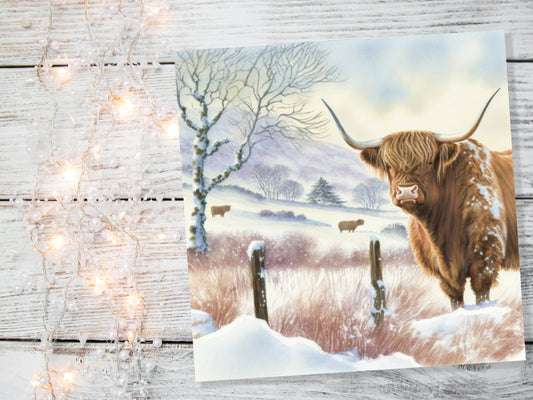 Watercolour Highland Cow Cards Scottish Highlands Winter Snow Scene Snowy Scenery Painting Farm Cards For Family Friends Birthdays Thank You