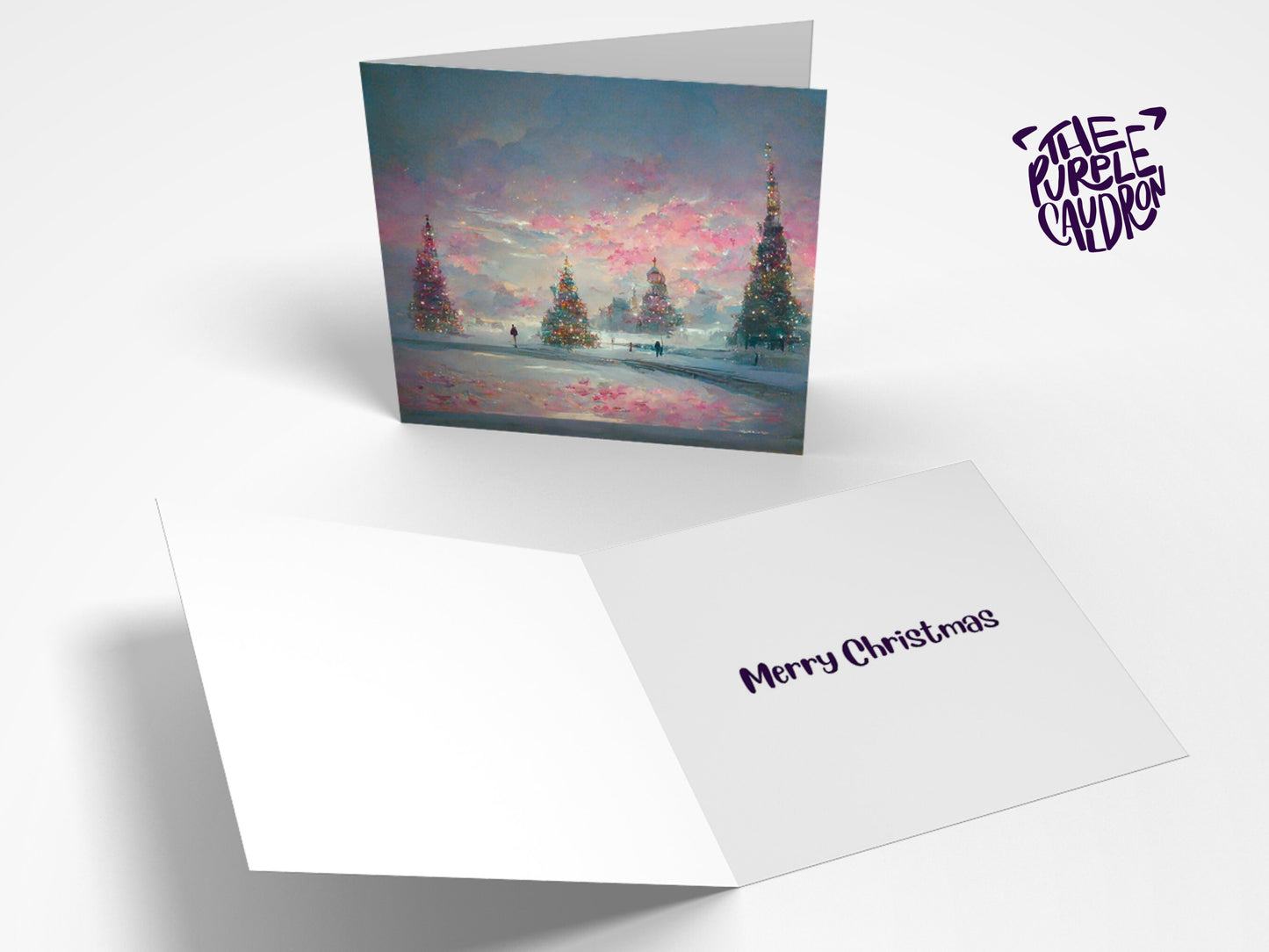 Pastel Christmas Card Winter Scene Impressionist Landscape Snow Shades of Pink, Teal, & Purple 1, 5, or 10 Pack Greetings Friends Xmas 2023