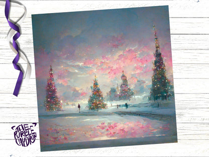 Pastel Christmas Card Winter Scene Impressionist Landscape Snow Shades of Pink, Teal, & Purple 1, 5, or 10 Pack Greetings Friends Xmas 2023