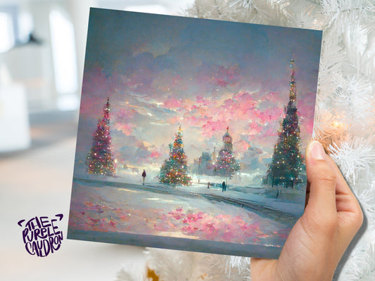 Pastel Christmas Card Winter Scene Impressionist Landscape Snow Shades of Pink, Teal, & Purple 1, 5, or 10 Pack Greetings Friends Xmas 2023