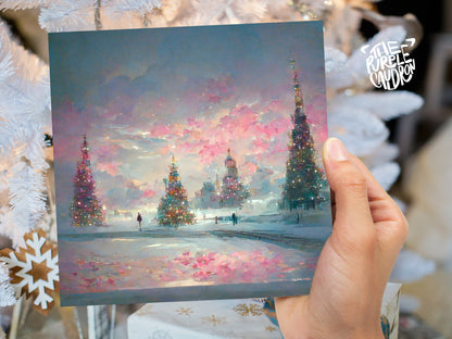 Pastel Christmas Card Winter Scene Impressionist Landscape Snow Shades of Pink, Teal, & Purple 1, 5, or 10 Pack Greetings Friends Xmas 2023