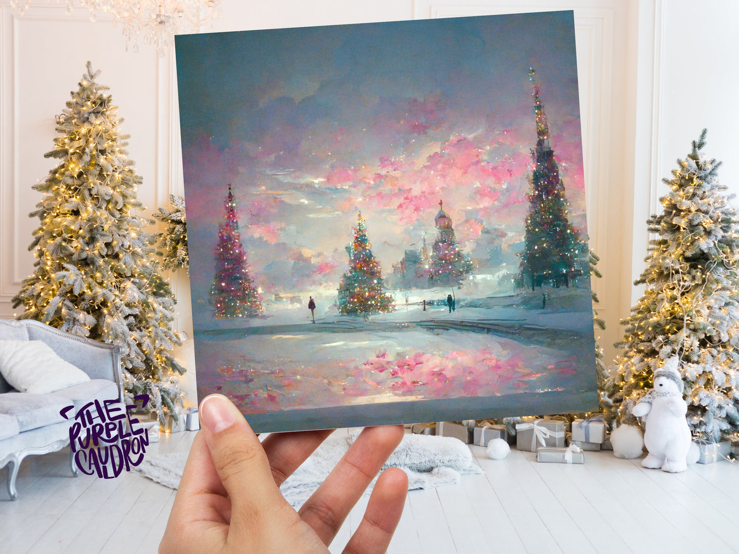 Pastel Christmas Card Winter Scene Impressionist Landscape Snow Shades of Pink, Teal, & Purple 1, 5, or 10 Pack Greetings Friends Xmas 2023