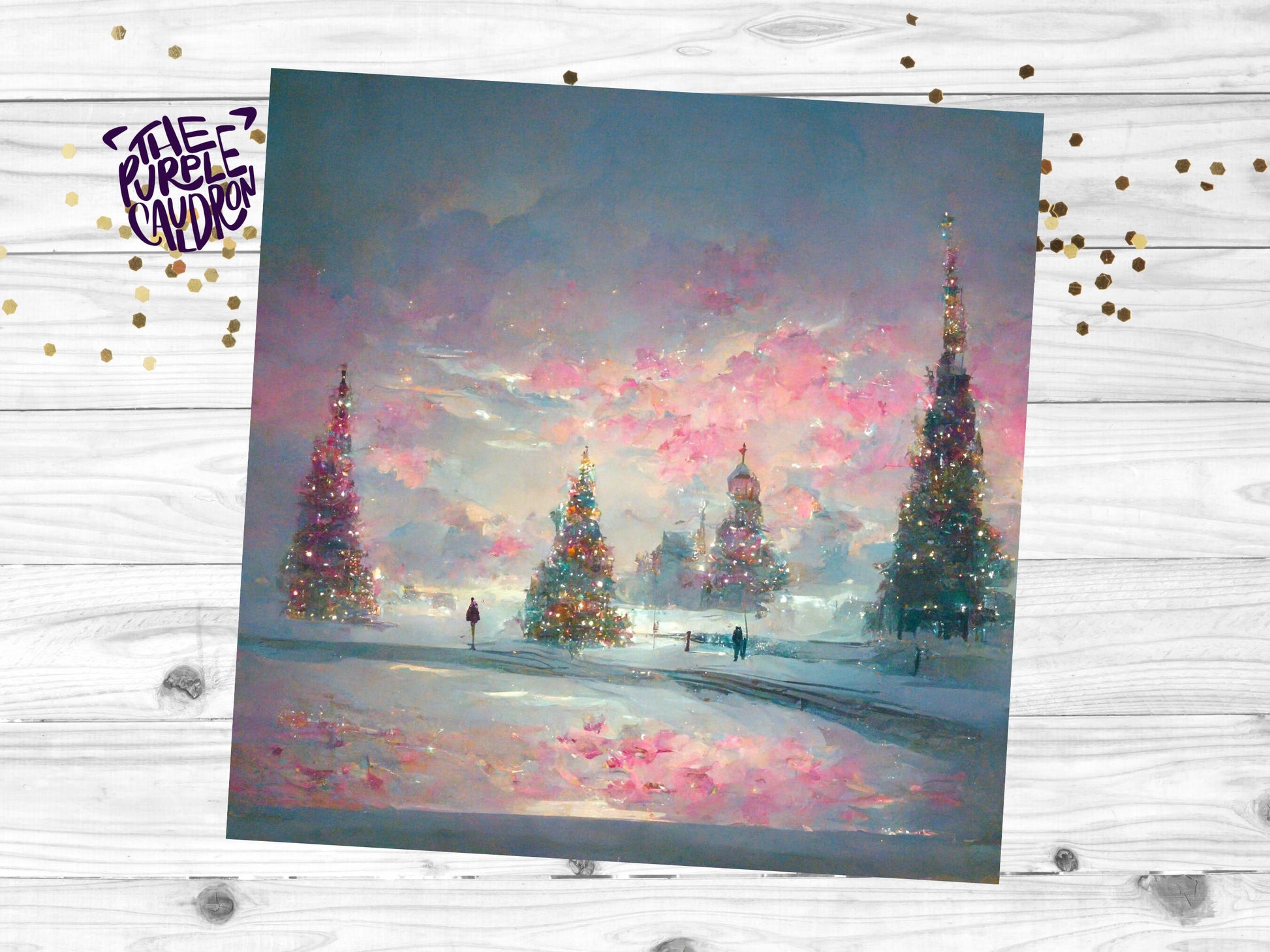 Pastel Christmas Card Winter Scene Impressionist Landscape Snow Shades of Pink, Teal, & Purple 1, 5, or 10 Pack Greetings Friends Xmas 2023