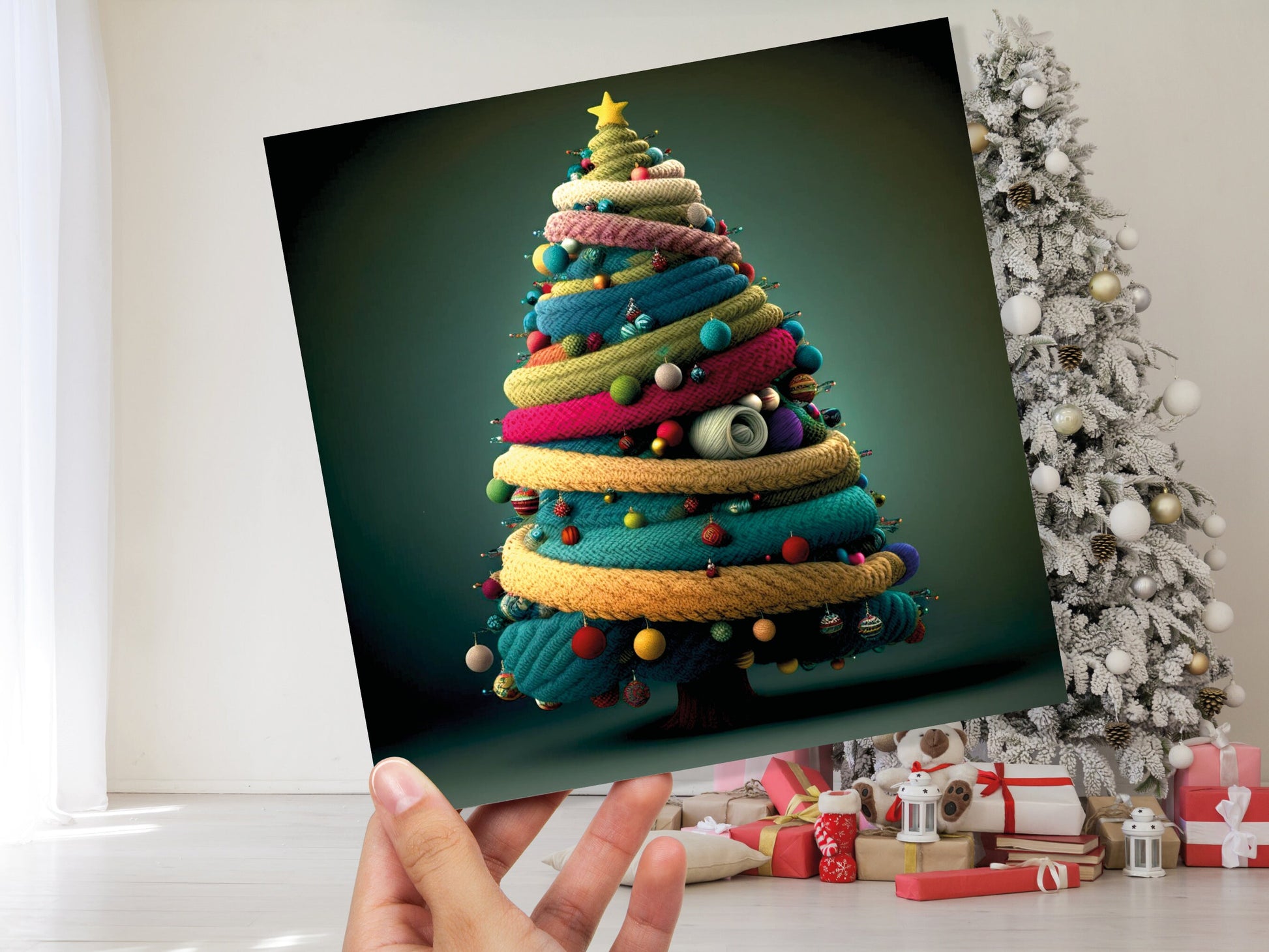 Woollen Christmas Tree Card Knitted Knitting Crochet Yarn Wool Crafters Crafting Knitted Bobbles Felt Fun Xmas Cards For Family Friends 2023