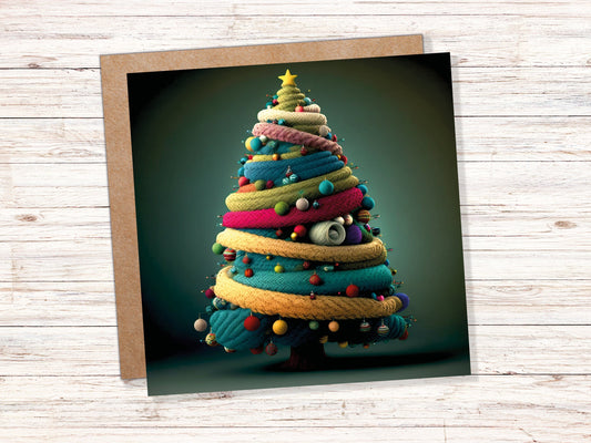 Woollen Christmas Tree Card Knitted Knitting Crochet Yarn Wool Crafters Crafting Knitted Bobbles Felt Fun Xmas Cards For Family Friends 2023