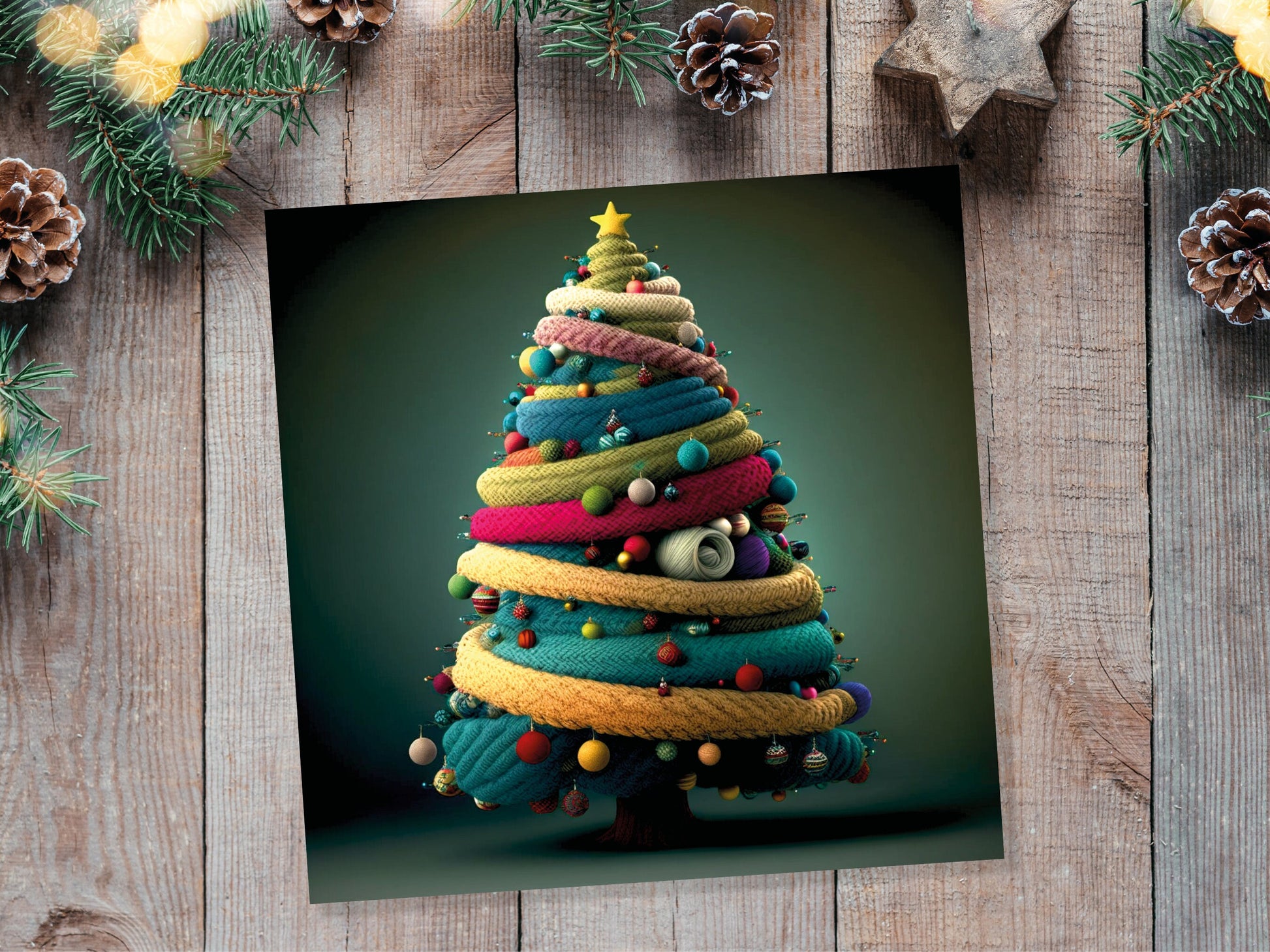 Woollen Christmas Tree Card Knitted Knitting Crochet Yarn Wool Crafters Crafting Knitted Bobbles Felt Fun Xmas Cards For Family Friends 2023