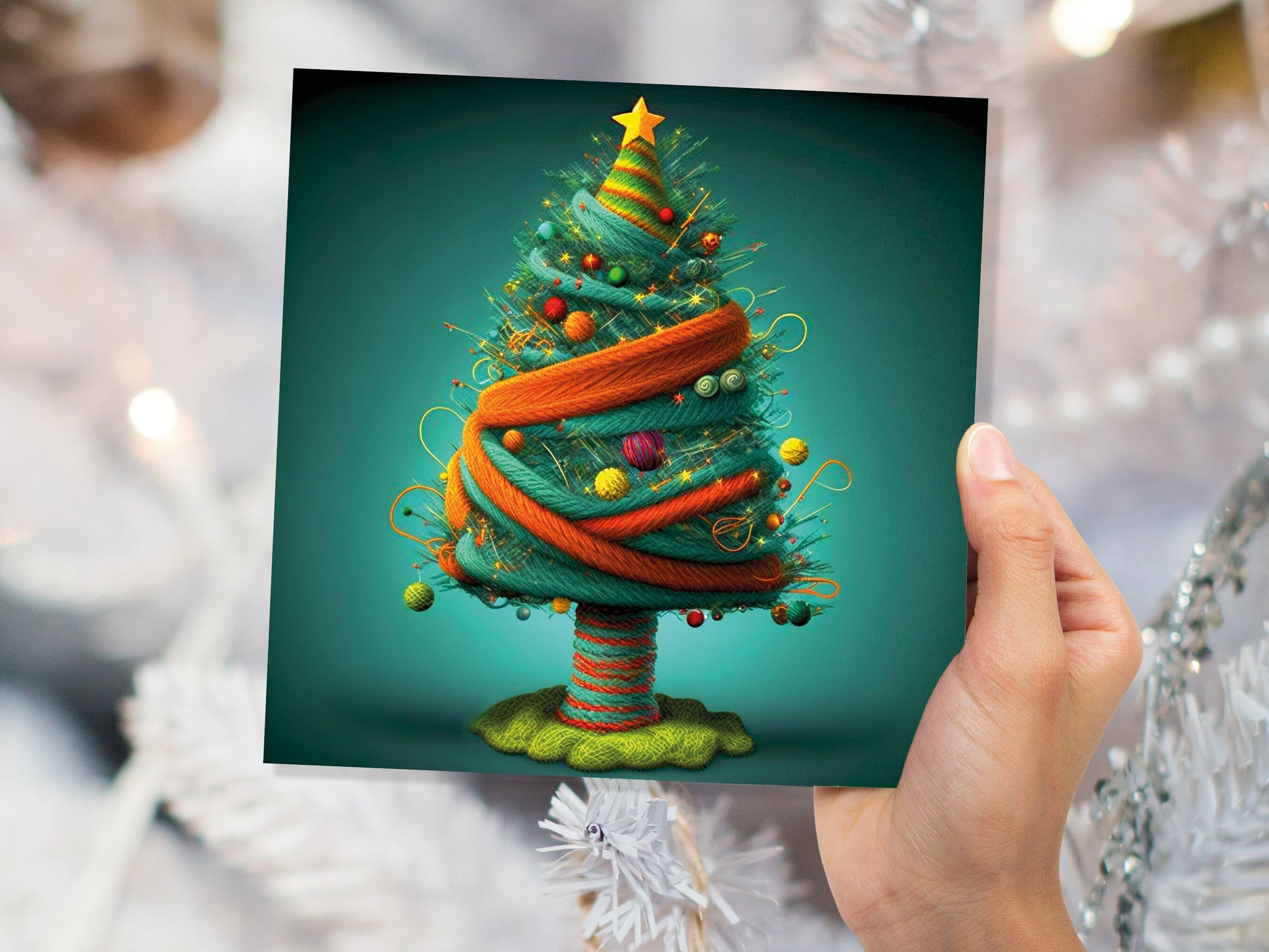 Knitters Christmas Tree Card Knitted Knitting Crochet Yarn Wool Crafters Crafting Woollen Bobbles Felt Xmas Cards For Family Friends 2023